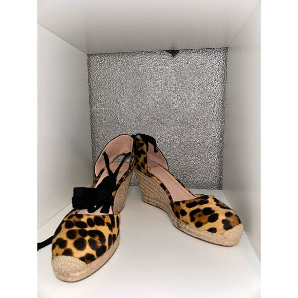 J Crew AJ166 Espadrille Wedges Leopard Print Calf Hair Ankle Tie  3.5” Heel - Picture 1 of 10